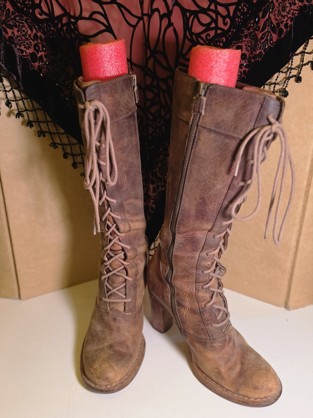Villager Brown Leather Lace-Up Knee-High Heeled Boots